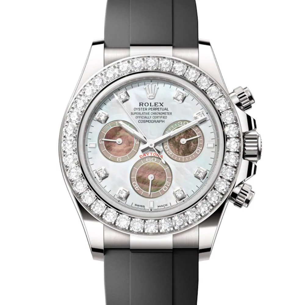 2024 Release Rolex Cosmograph Daytona 40 mm | Oysterflex bracelet | White and black mother-of-pearl dial Diamond bezel | 18k white gold Case Men's Watch 126589RBR