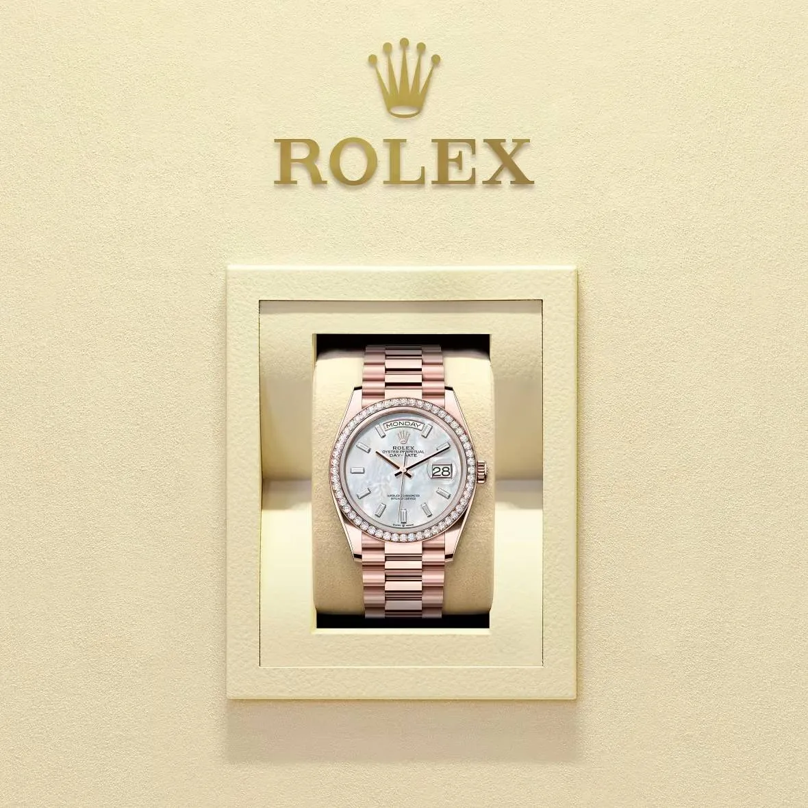 2024 Release Rolex Day-Date 36 mm | 18k Everose gold President bracelet | White mother-of-pearl dial Diamond bezel | Men's Watch 128345RBR