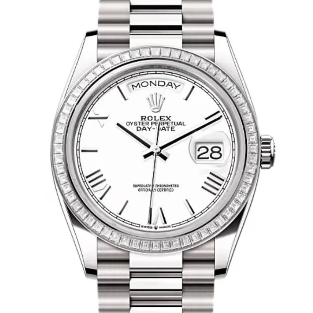2024 Release Rolex Day-Date 36 mm | 18k white gold President bracelet | White dial Diamond bezel | Men's Watch 128399TBR