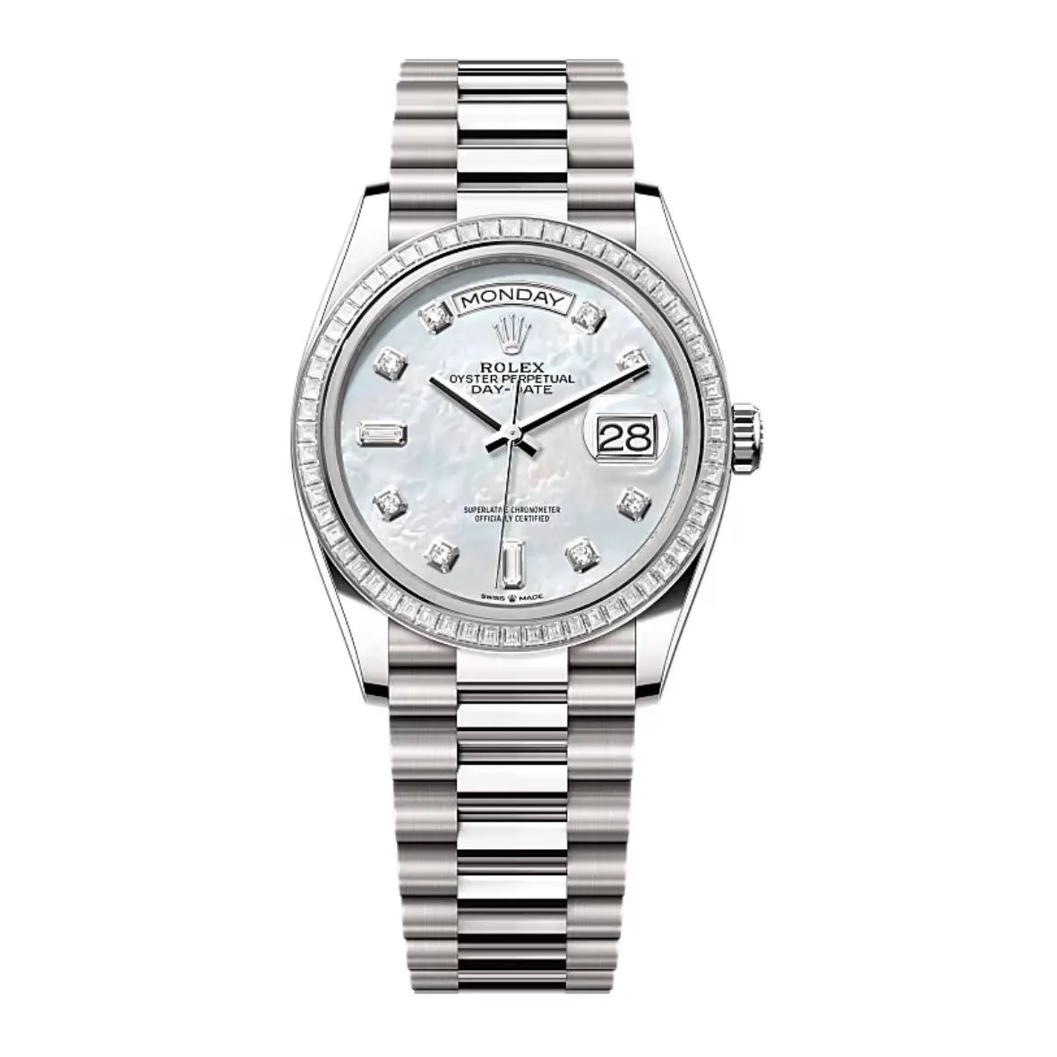 2024 Release Rolex Day-Date 36 mm | 18k white gold President bracelet | White mother-of-pearl dial Diamond bezel | Men's Watch 128399TBR