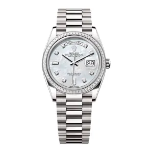 2024 Release Rolex Day-Date 36 mm | 18k white gold President bracelet | White mother-of-pearl dial Diamond bezel | Men's Watch 128399TBR