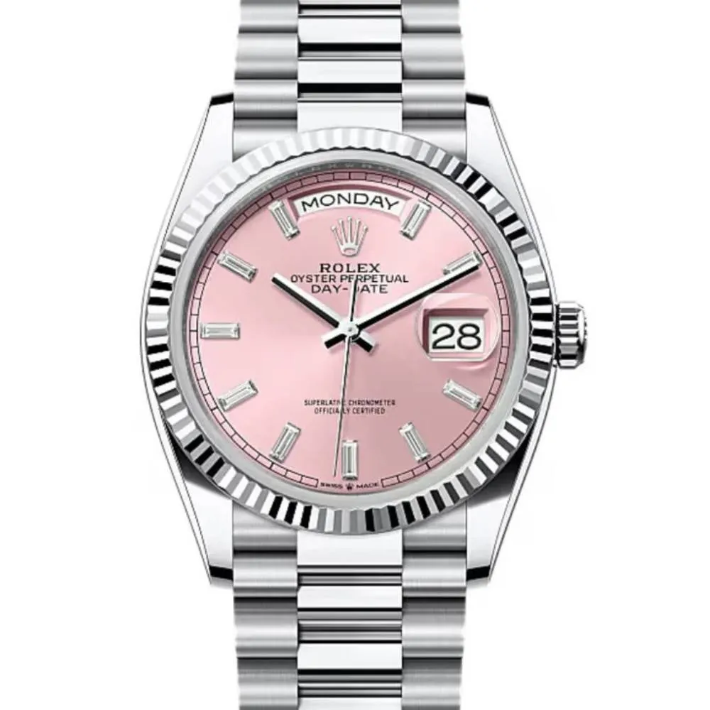 2024 Release Rolex Day-Date 36 mm | Platinum President bracelet | Pink Diamond dial Fluted bezel | Men's Watch 128236