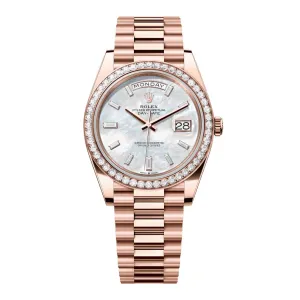 2024 Release Rolex Day-Date 40 mm | 18k Everose gold President bracelet | White mother-of-pearl Diamond dial Diamond bezel | Men's Watch 228345RBR