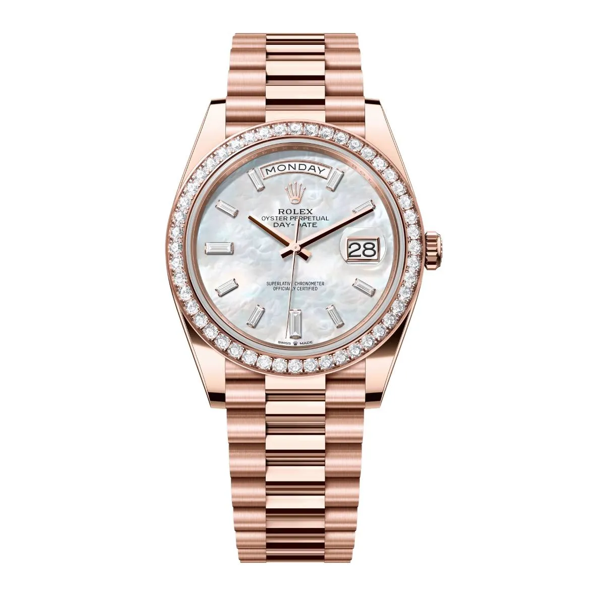 2024 Release Rolex Day-Date 40 mm | 18k Everose gold President bracelet | White mother-of-pearl Diamond dial Diamond bezel | Men's Watch 228345RBR