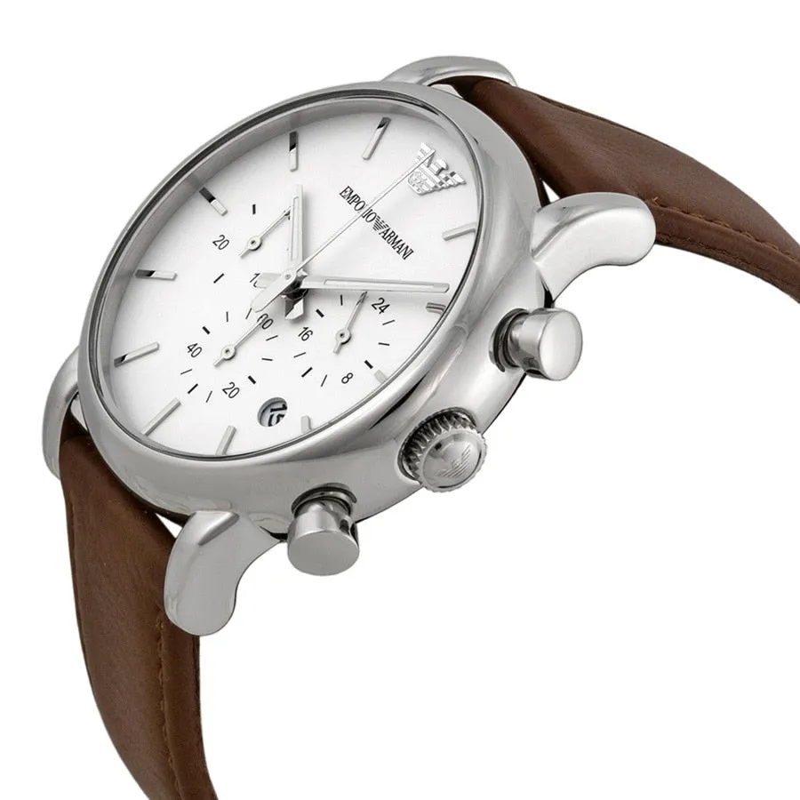 Armani Emporio Men's White Dial Brown Leather Chronograph Watch SKU456