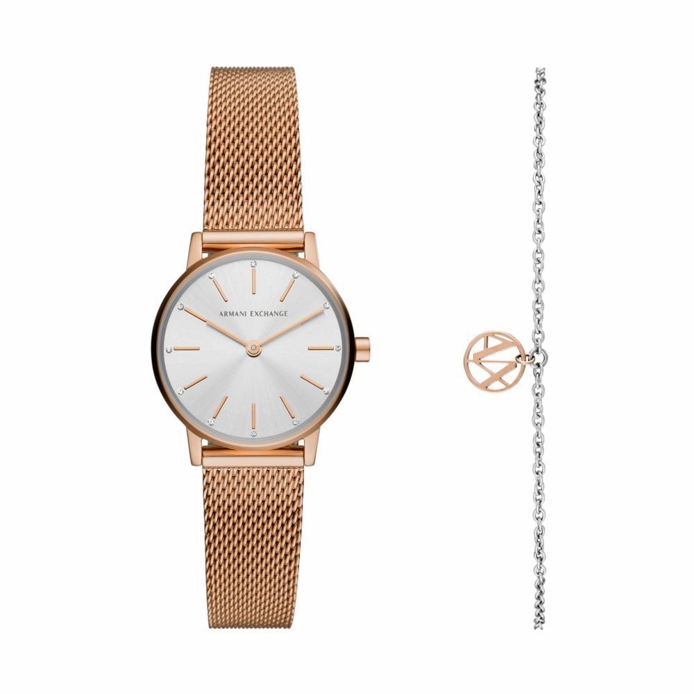 Armani Exchange Two-Hand Rose Gold-Tone Stainless Steel Watch and Bracelet Gift Set AX7121