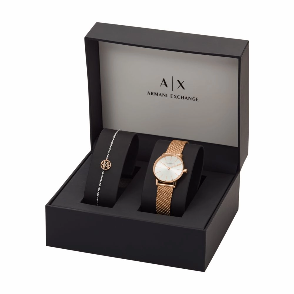 Armani Exchange Two-Hand Rose Gold-Tone Stainless Steel Watch and Bracelet Gift Set AX7121