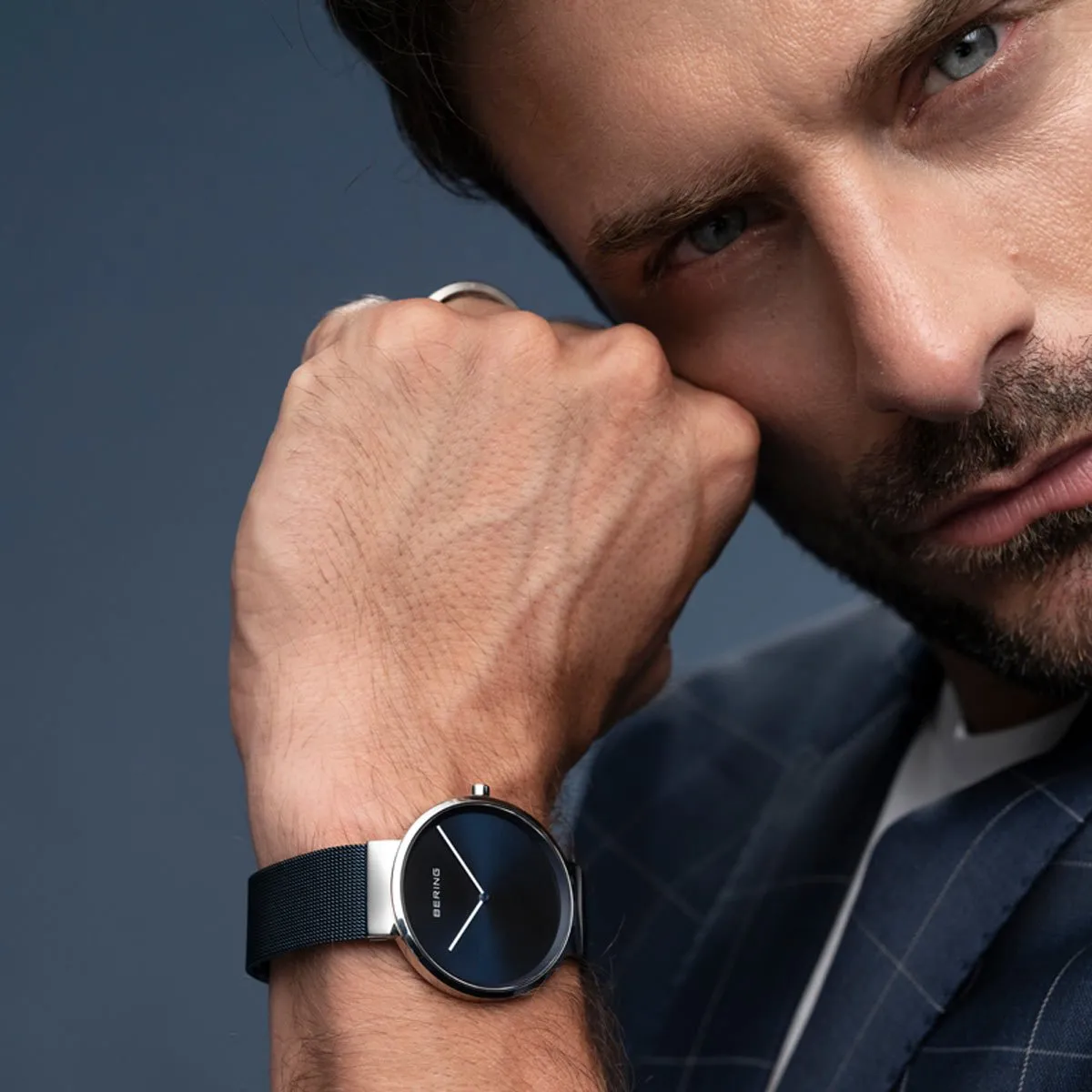 Bering Classic Brushed Silver Blue Milanese Mesh Watch