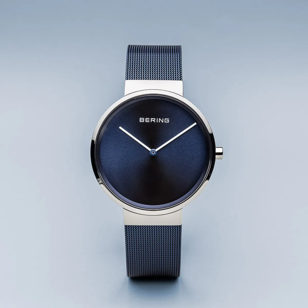 Bering Classic Brushed Silver Blue Milanese Mesh Watch