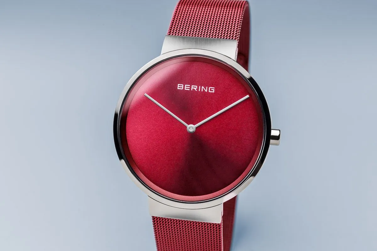 Bering Classic Brushed Silver Red Mesh Watch