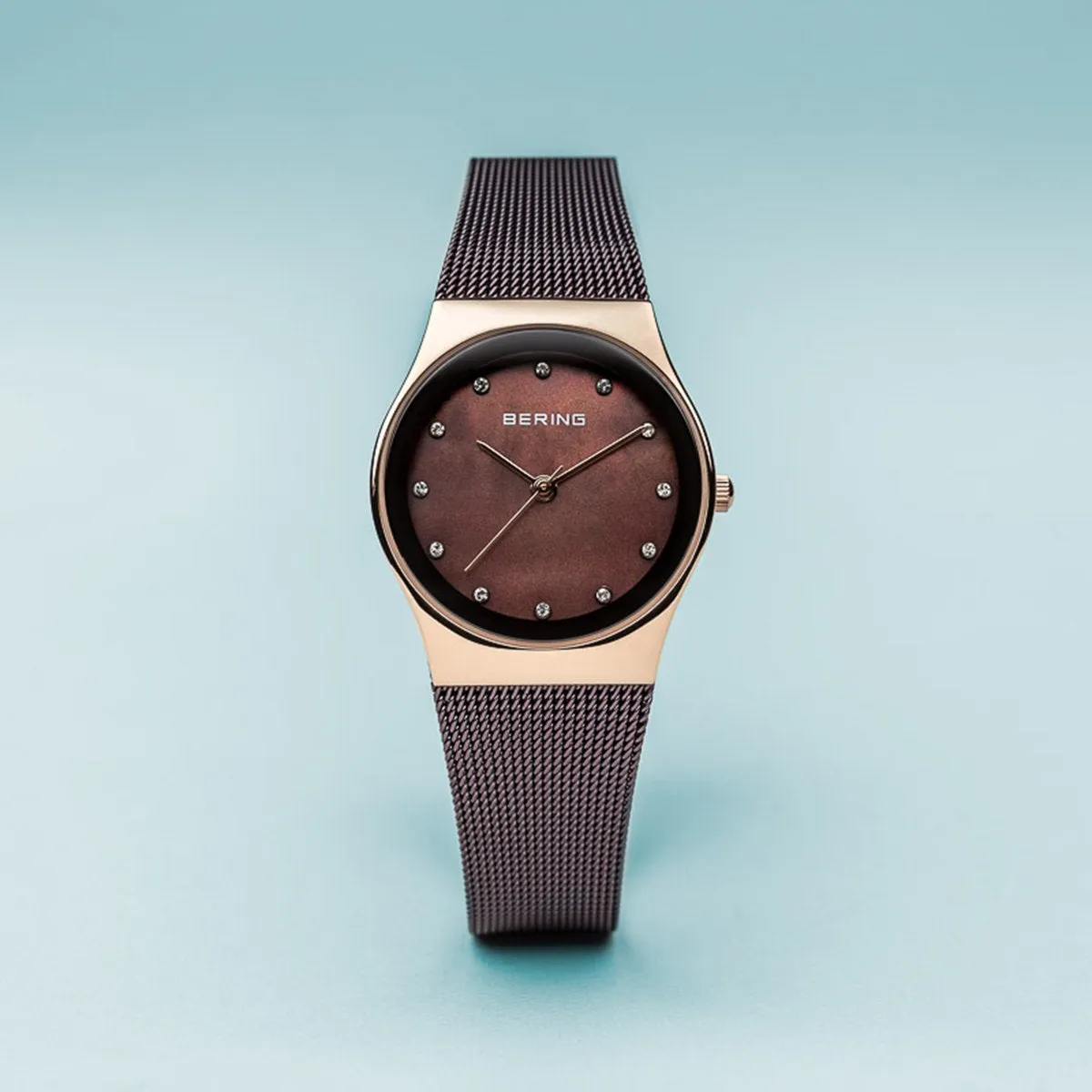 Bering Classic Polished Rose Gold Brown Milanese Mesh Watch