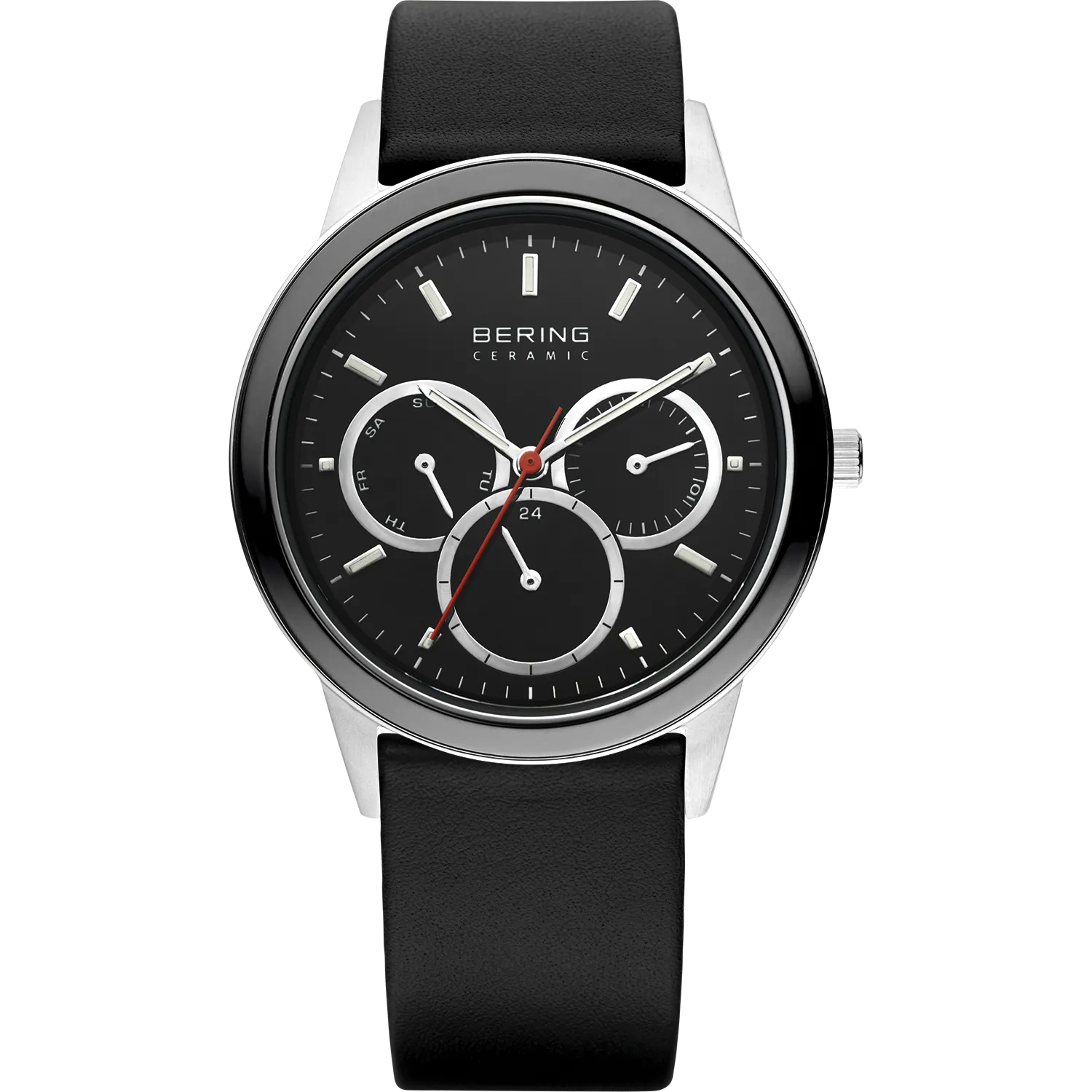 Bering - Gents Multi function Black Ceramic Bezel Black Leather Watch
