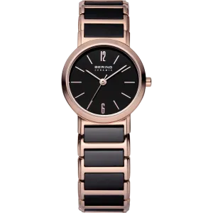 Bering - Ladies Black Ceramic & Rose Link Watch