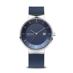 Bering Slim Solar Polished Silver Blue Mesh Watch