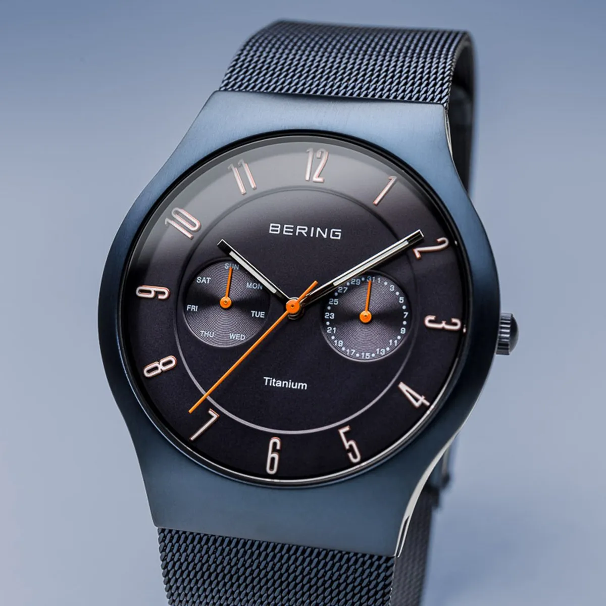 Bering Titanium Brushed Blue Mesh Watch