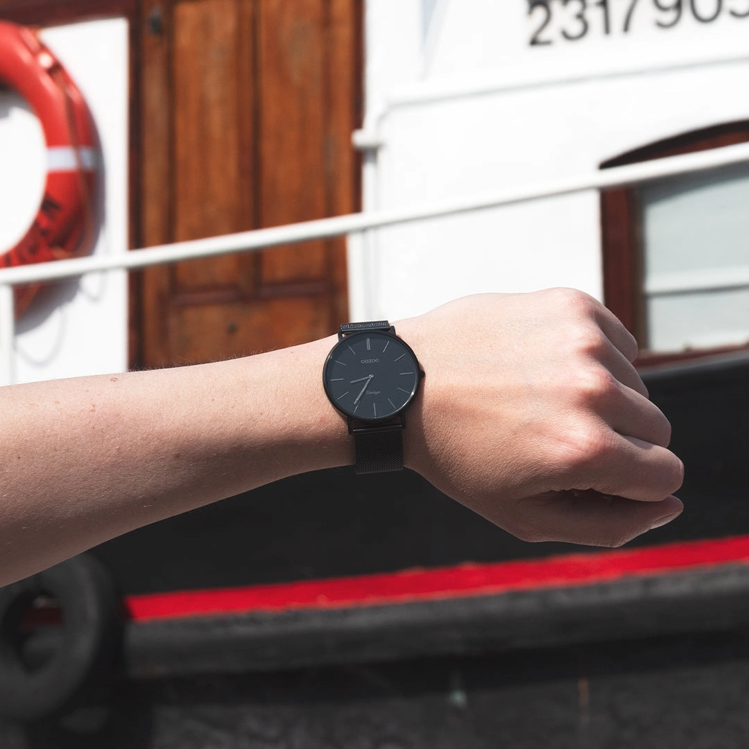 Black OOZOO watch with black metal mesh bracelet - C9932