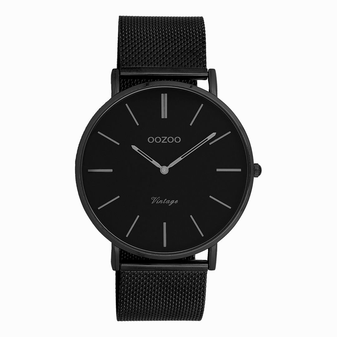 Black OOZOO watch with black metal mesh bracelet - C9932