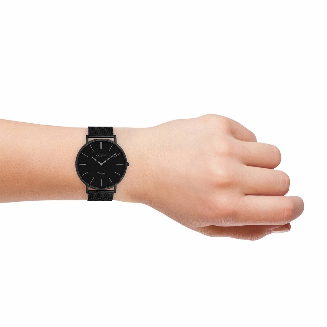 Black OOZOO watch with black metal mesh bracelet - C9932