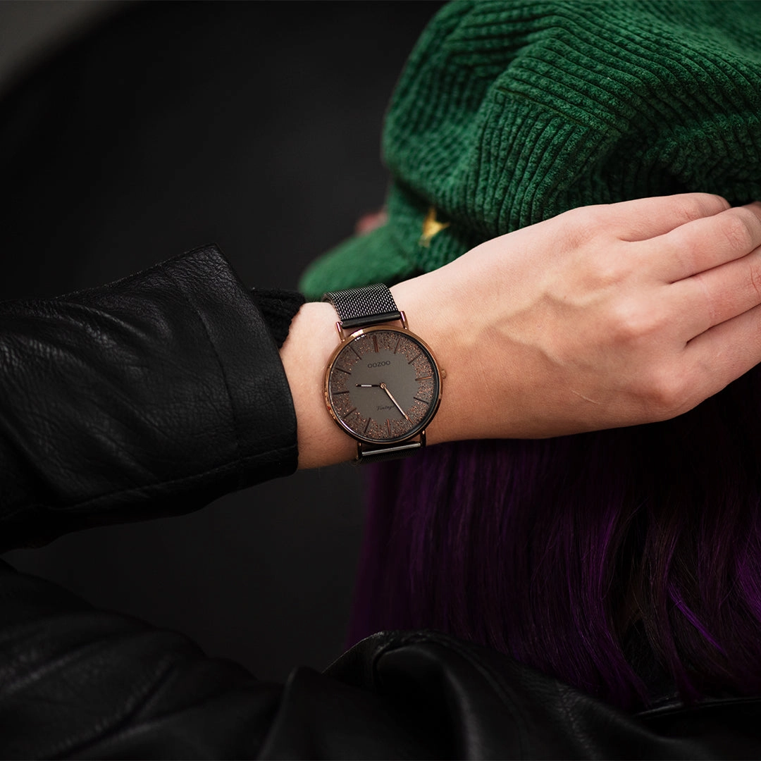 Brown OOZOO watch with titanium metal mesh bracelet - C20139