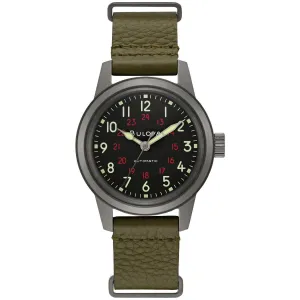 Bulova Men's Automatic Watch - Hack Black Dial Green Leather Strap | 98A255