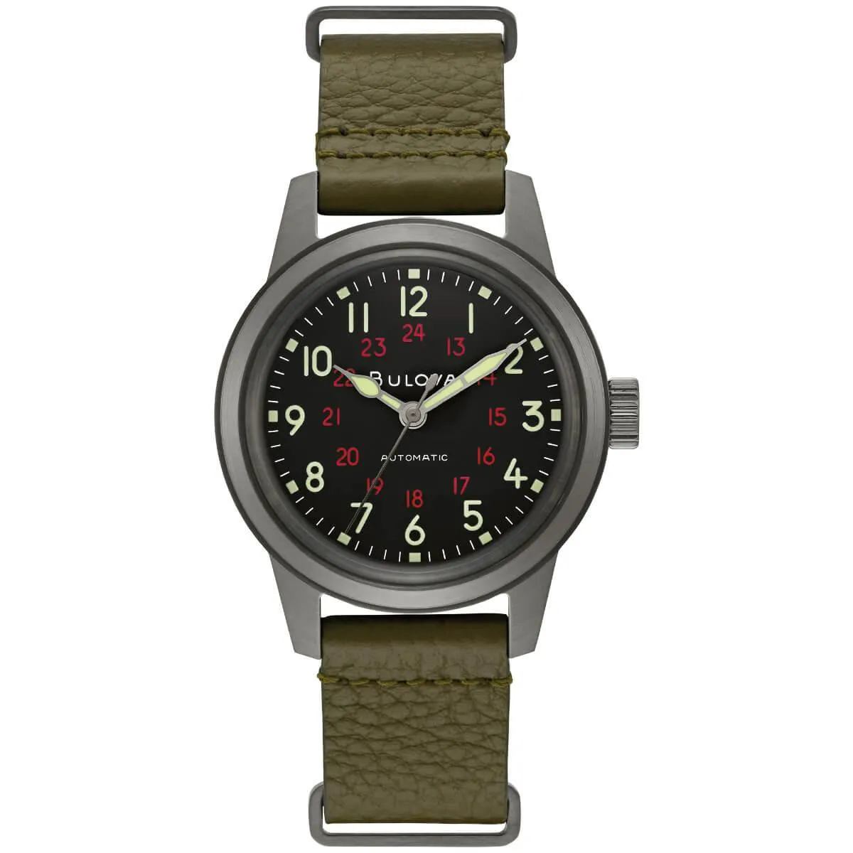 Bulova Men's Automatic Watch - Hack Black Dial Green Leather Strap | 98A255