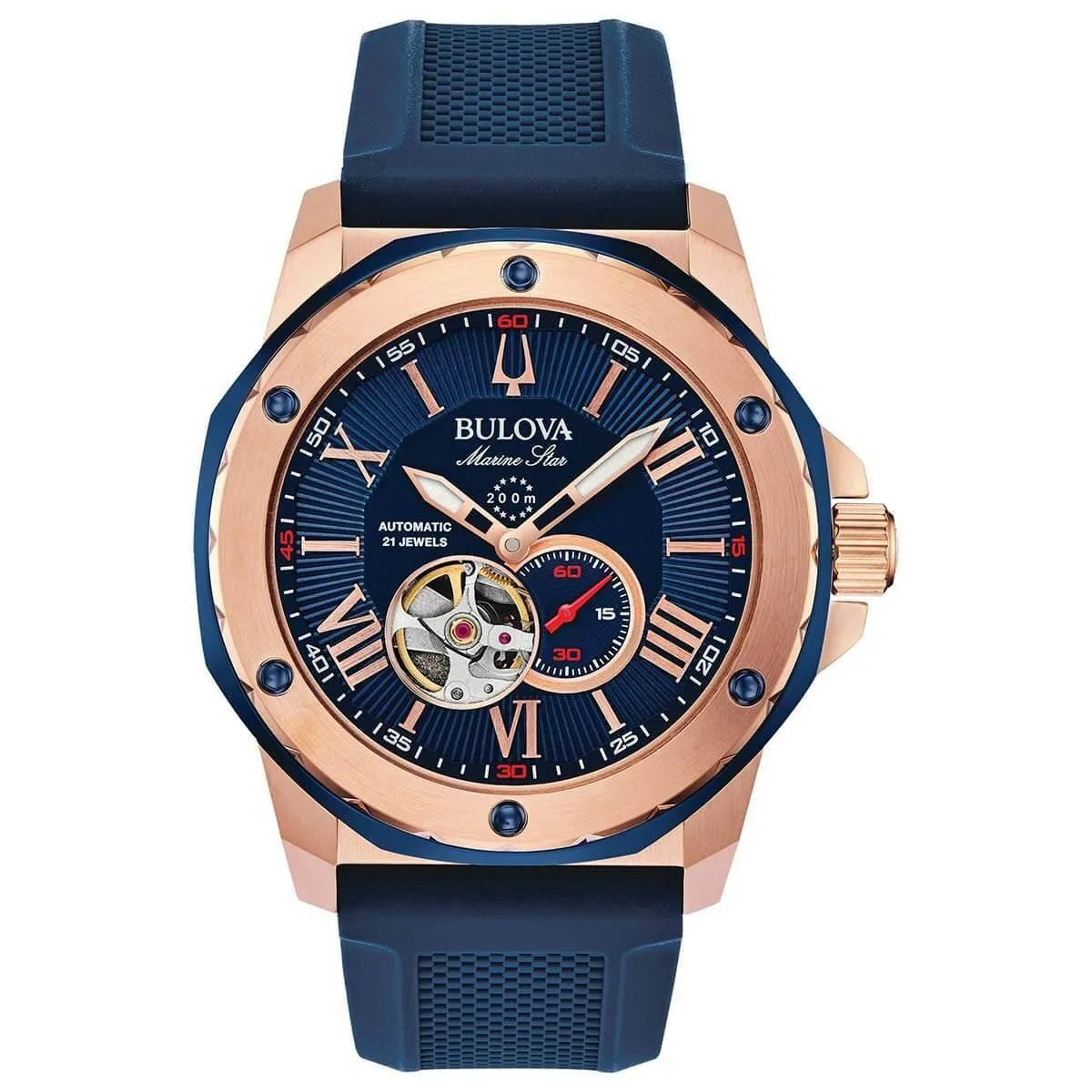 Bulova Men's Automatic Watch - Marine Star Blue & Red Silicone Rubber Strap | 98A227