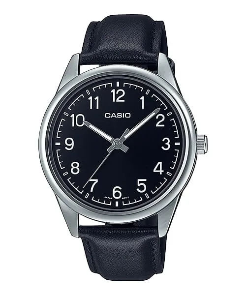 Casio Analog Black Dial Black Leather Strap Watch MTPV005L-1B4
