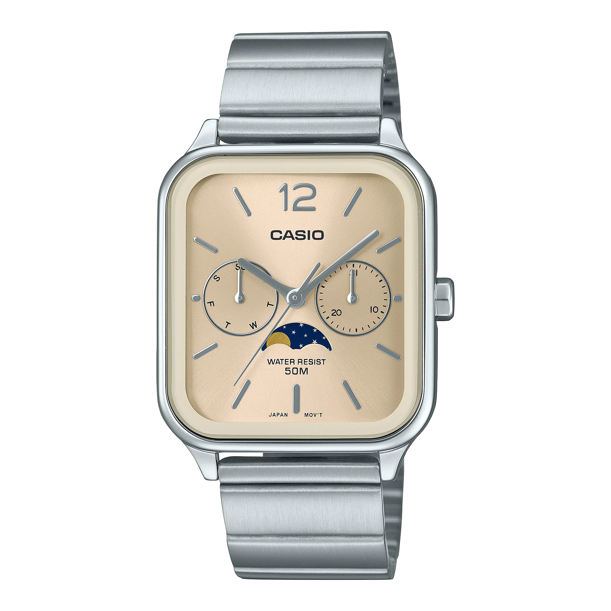 Casio Analogue Moon Phase Gold Dial Stainless Steel Watch MTPM305D-9A