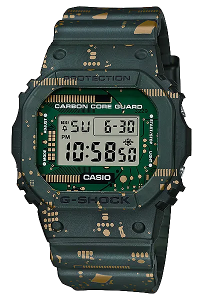 Casio G-Shock 5600 Carbon Core Guard Structure Lineup Circuit Board Print Matte Dark Green Resin Band Watch DWE5600CC-3D DWE-5600CC-3D DWE-5600CC-3