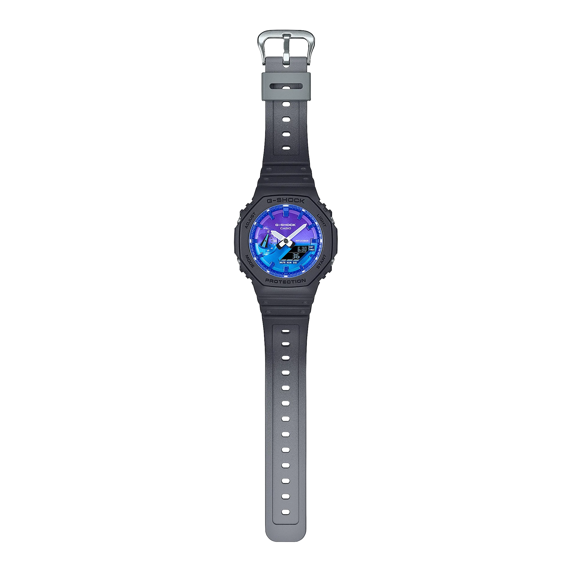 CASIO G-SHOCK GLOWY BLUE DIAL GRAY-ON-BLACK STRAP WATCH GA-2100FL-1ADR