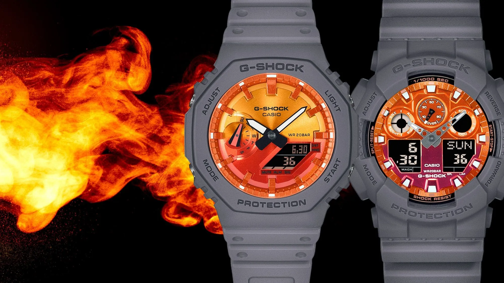 CASIO G-SHOCK GLOWY ORANGE DIAL GRAY-ON-BLACK STRAP WATCH GA-2100FL-8ADR