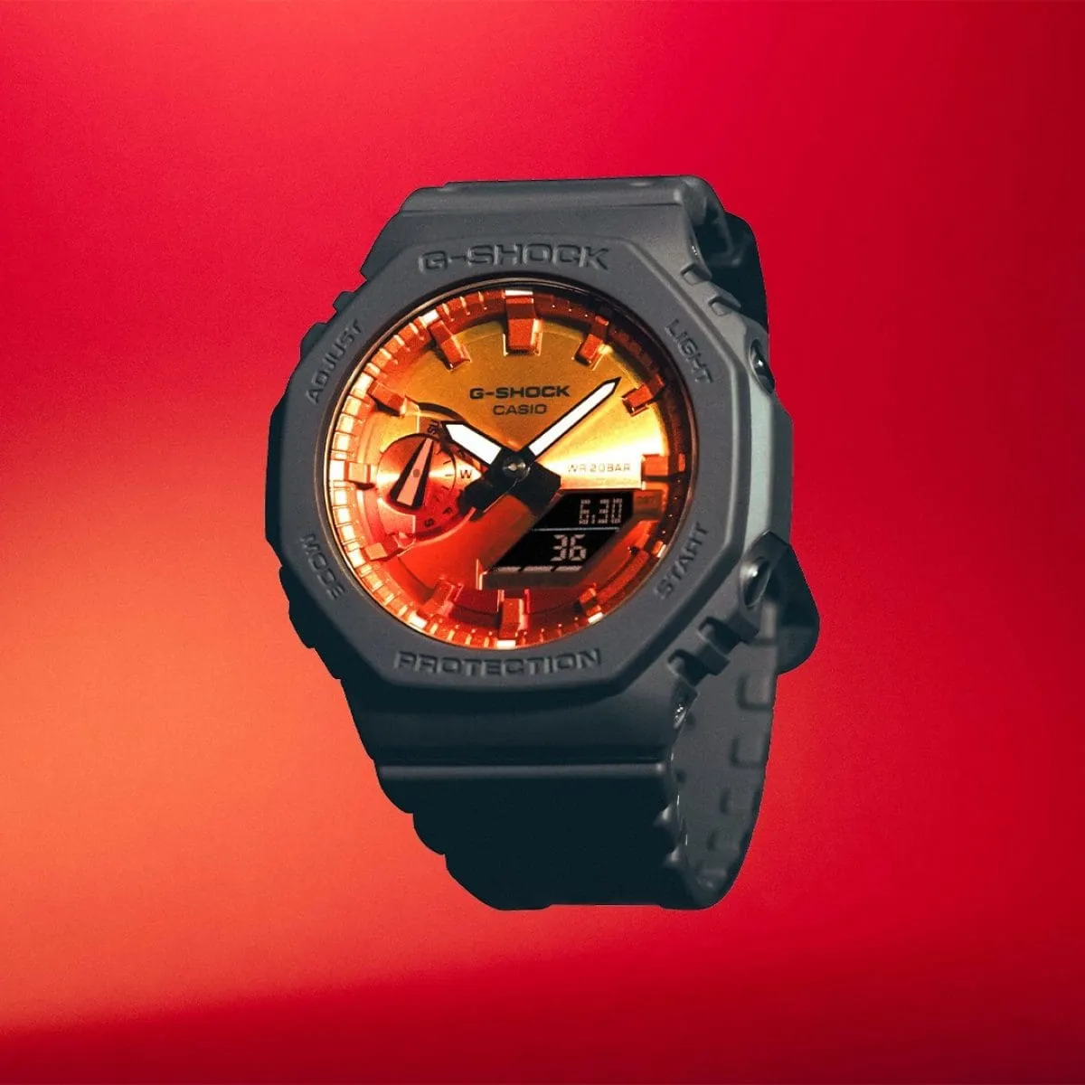 CASIO G-SHOCK GLOWY ORANGE DIAL GRAY-ON-BLACK STRAP WATCH GA-2100FL-8ADR