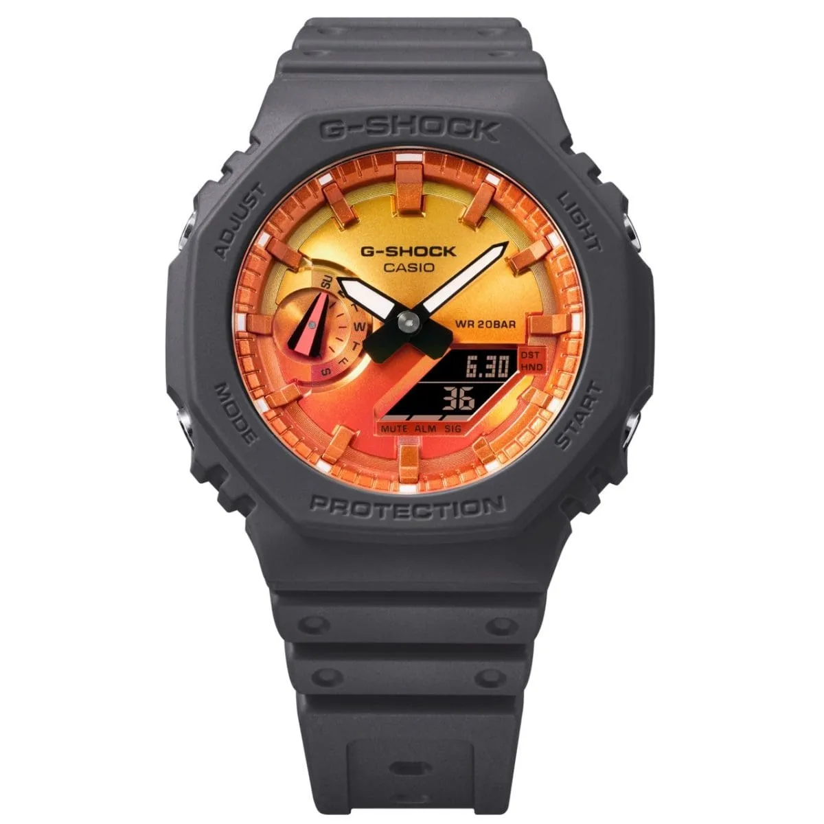 CASIO G-SHOCK GLOWY ORANGE DIAL GRAY-ON-BLACK STRAP WATCH GA-2100FL-8ADR