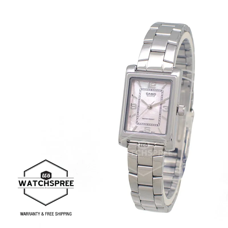 Casio Ladies' Analog Rectangular Mother of Pearl Dial Stainless Steel Band Watch LTP1234DS-4A LTP-1234DS-4A