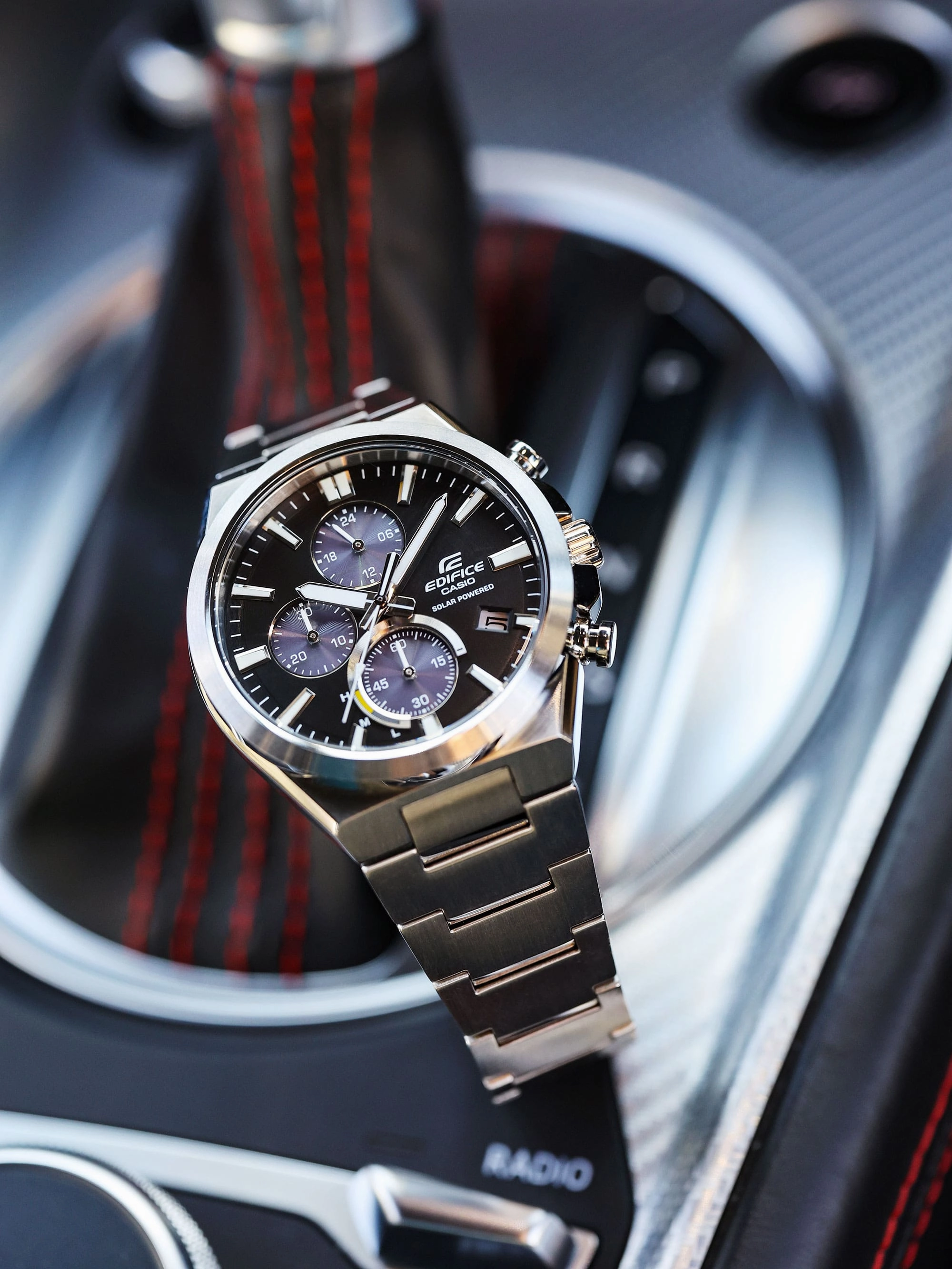 Casio Solar Powered Chronograph Black Dial Stainless Steel Watch EQS950D-1A
