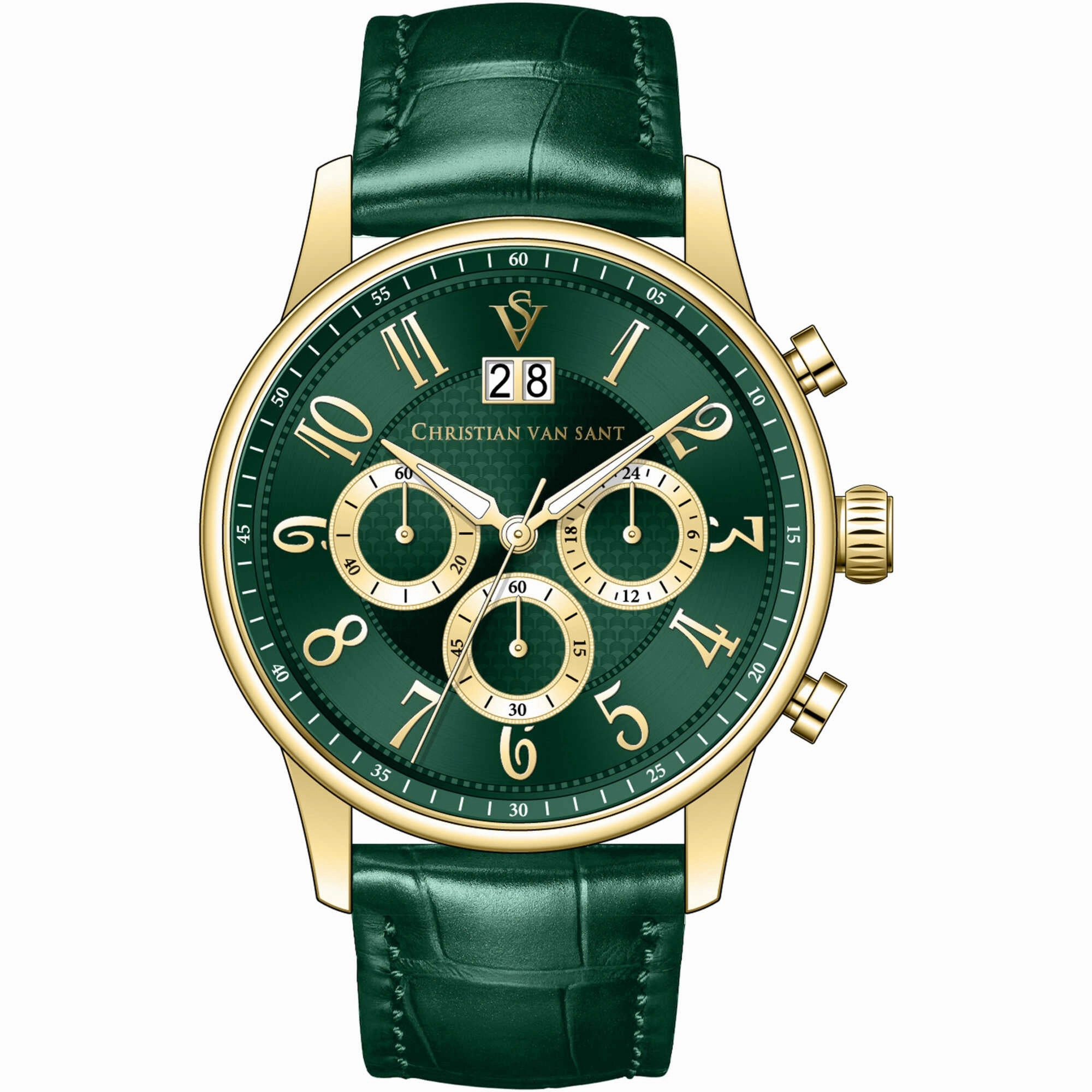 Christian Van Sant Men's Watch - Heritage Chrono Green Dial Leather Strap | CV3943