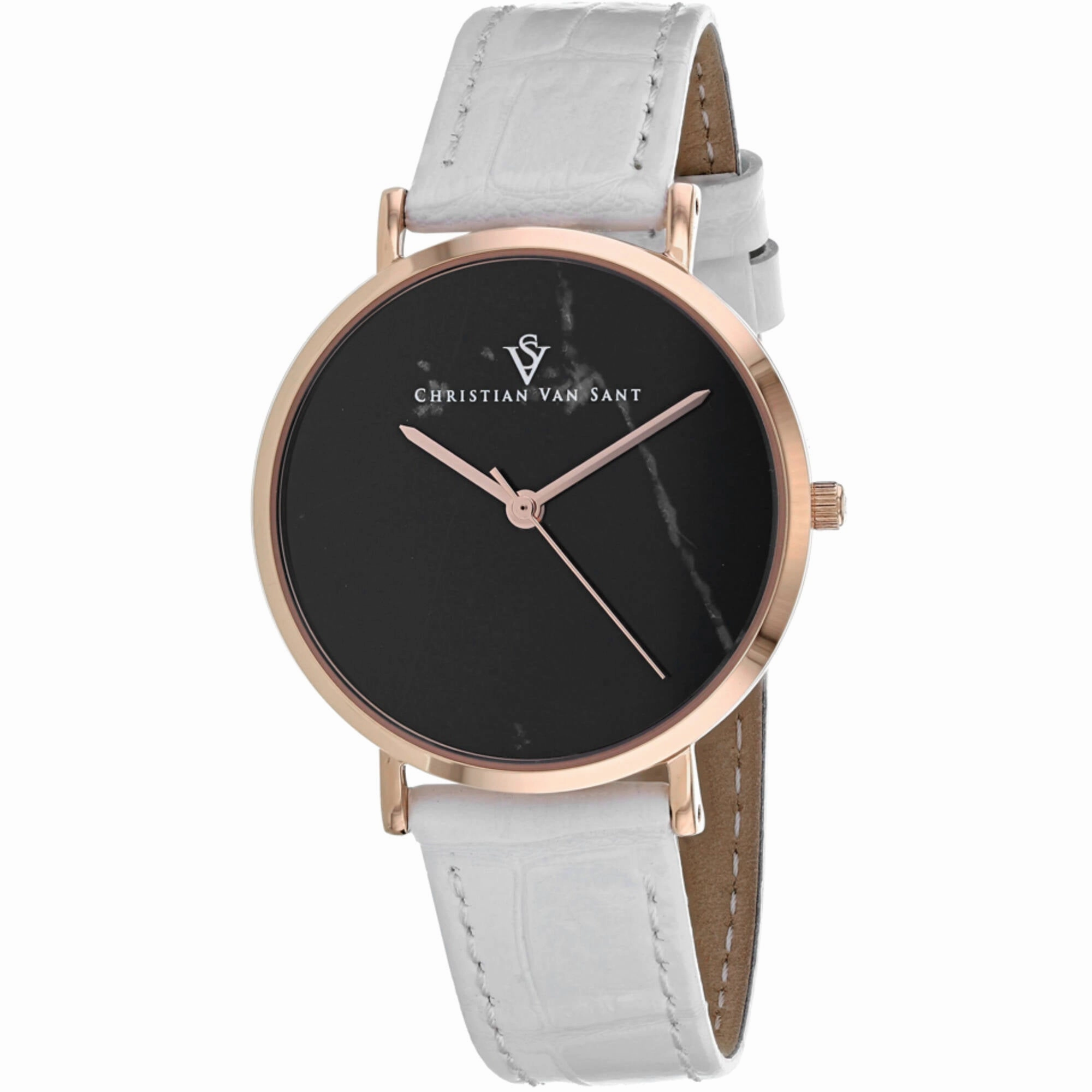 Christian Van Sant Women's Watch - Lotus Black Dial White Leather Strap | CV0423