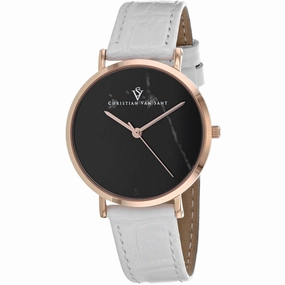 Christian Van Sant Women's Watch - Lotus Black Dial White Leather Strap | CV0423