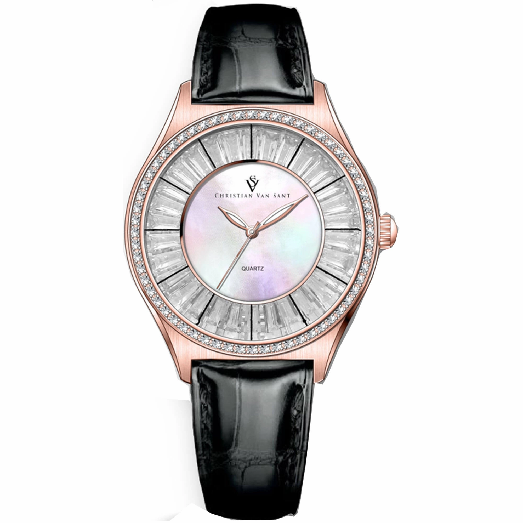 Christian Van Sant Women's Watch - Luna Quartz Mop Dial Black Leather Strap | CV3205