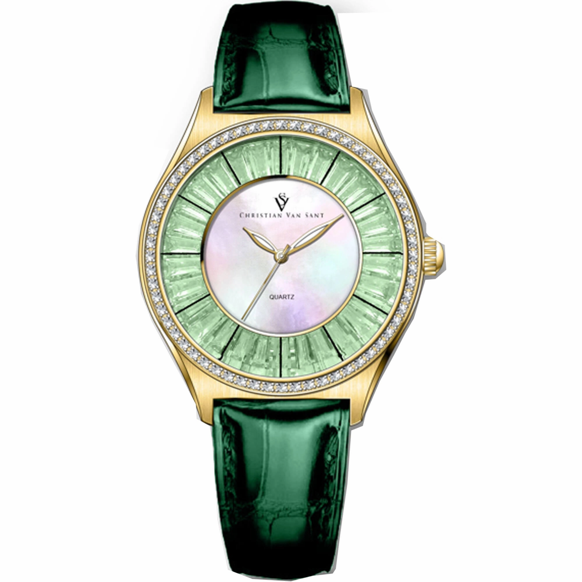 Christian Van Sant Women's Watch - Luna Quartz Mop Dial Green Leather Strap | CV3204