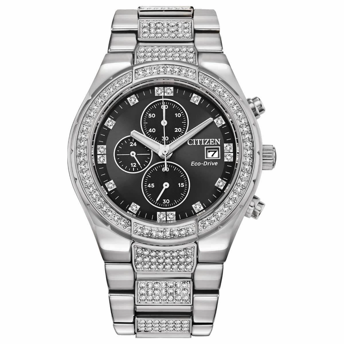Citizen Men's Chronograph Watch - Crystal Black Dial Silver Tone Bracelet | CA0750-53E