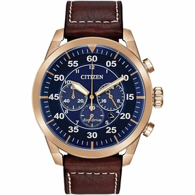 Citizen Men's Eco-Drive Watch - Avion Chronograph Brown Leather Strap | CA4213-18L