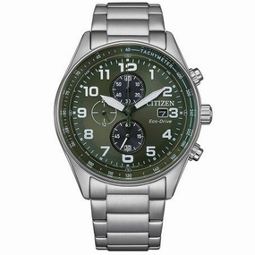 Citizen Men's Watch - Eco-Drive Green Dial Silver Bracelet Chronograph | CA0770-72X