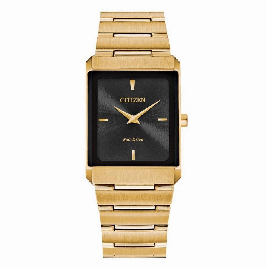 Citizen Unisex Eco-Drive Watch - Stiletto Black Dial Yellow Gold Bracelet | EG6012-59E
