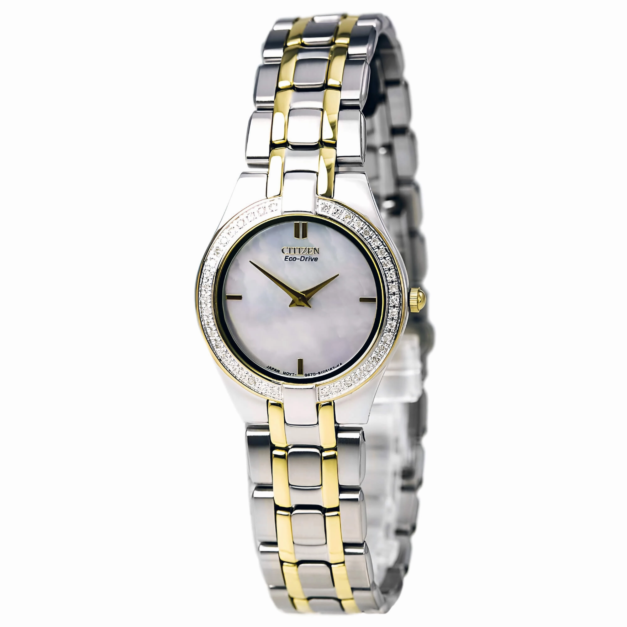Citizen Women's Diamond Watch - Stiletto Eco Drive Two Tone Yellow Steel MOP Dial