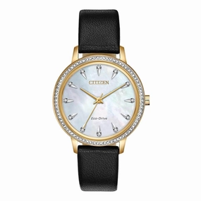 Citizen Women's Eco-Drive Watch - Stiletto Crystal Black Leather Strap | FE7042-07D