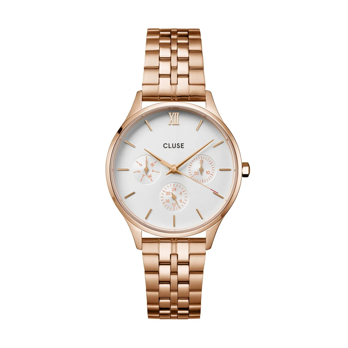 CLUSE Minuit Multifunction White/Rose Gold Link Watch CW10702