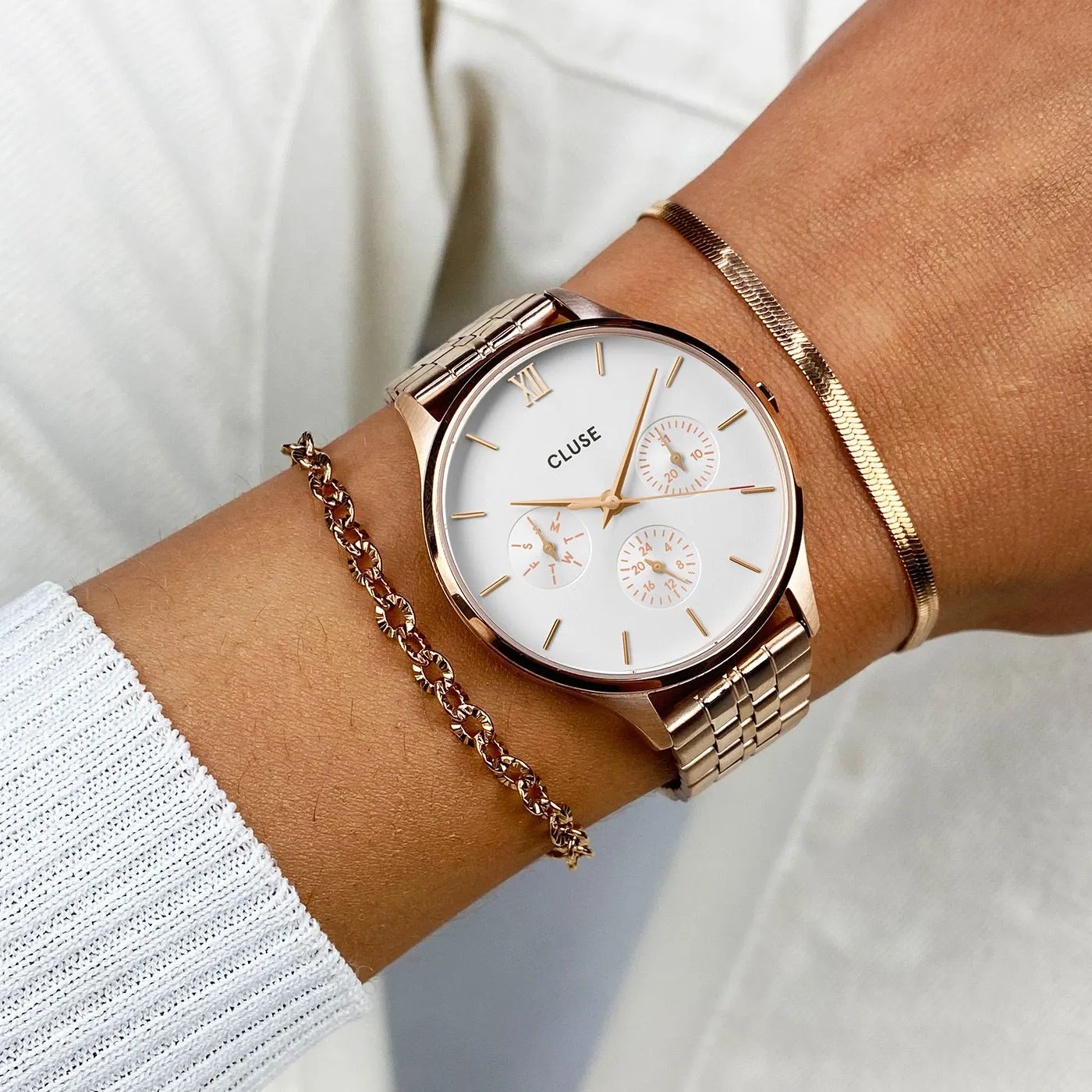 CLUSE Minuit Multifunction White/Rose Gold Link Watch CW10702