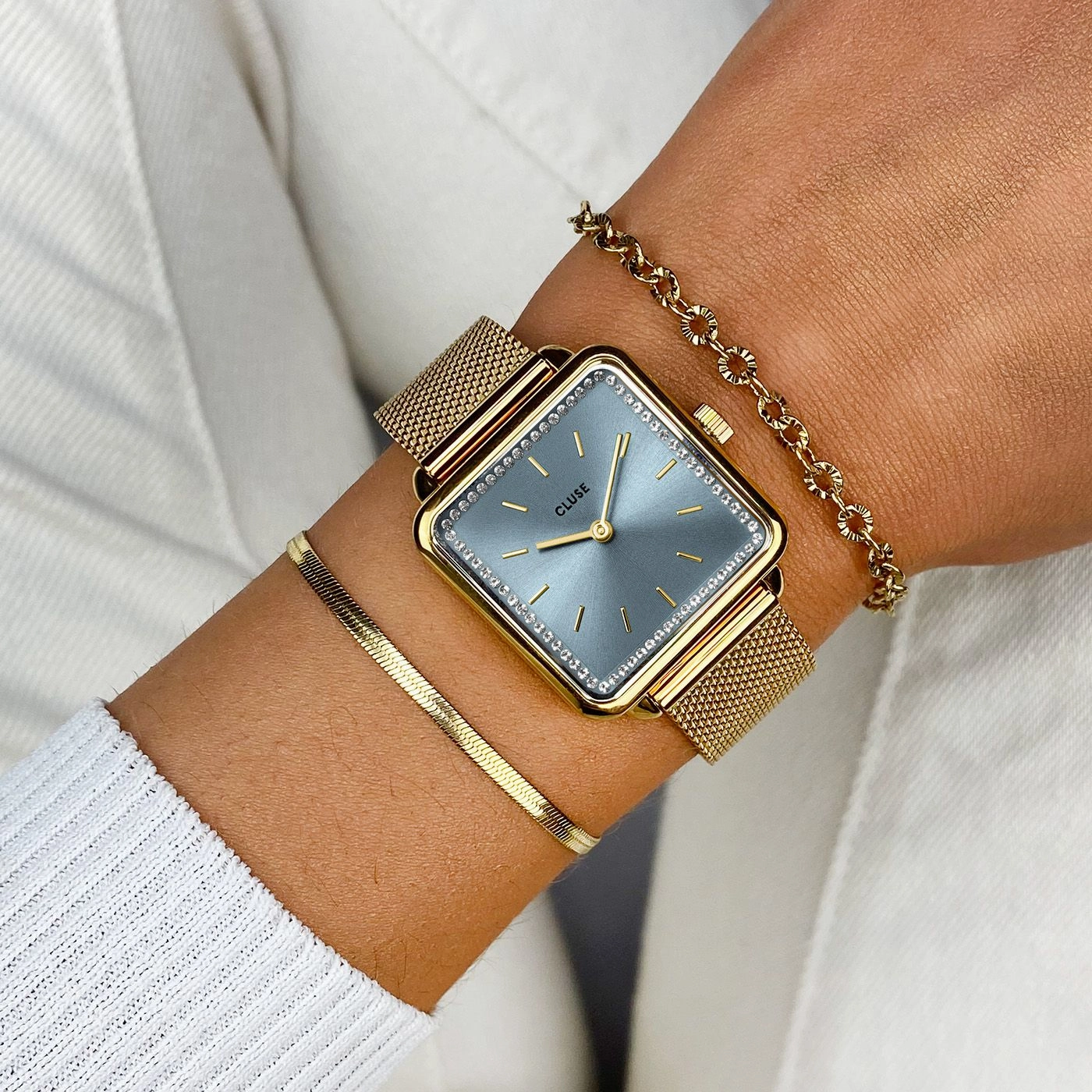 CLUSE La Tetragone Light Blue Stones/ Gold Mesh Watch CW10310