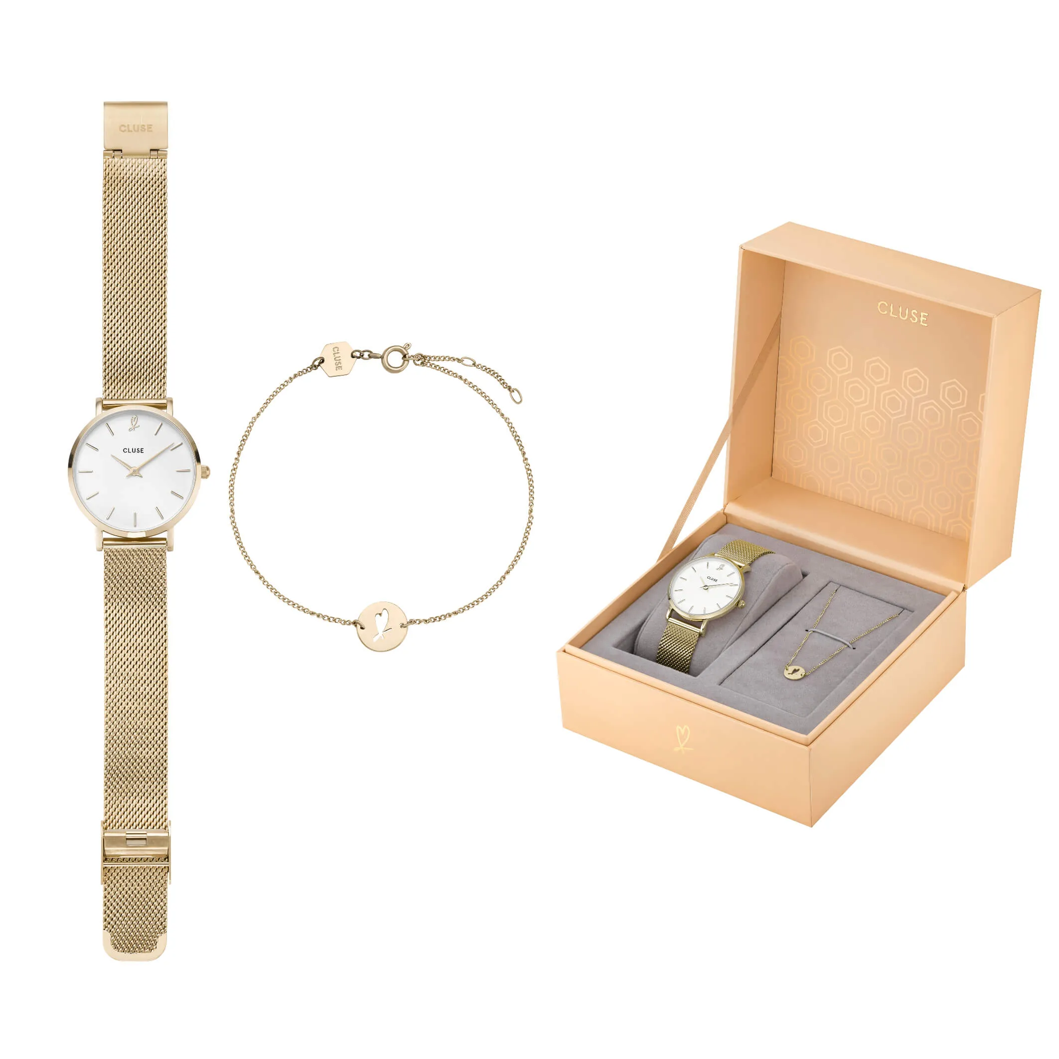 Coffret cadeau CLUSE Montre et Bracelet Minuit Heart Gold Mesh